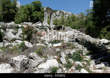 Blick auf das Propylon und Tempel der Artemis und Hadrian mit seinem ständigen Portal. Termessos, Türkei. Stockfoto