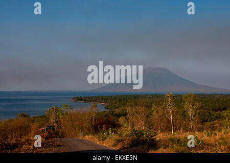 Der Vulkan Lewotolok wird von einer Straße zum Waijarang-Hügel auf der Insel Lembata, Lembata, East Nusa Tenggara, Indonesien, aus gesehen. Stockfoto