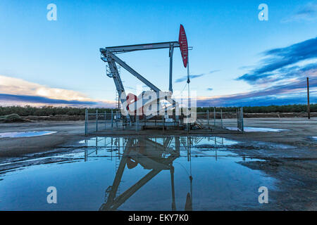 Bohrschwengels und Oberfläche Wasser am Ölquelle und Fracking-Standort in Shafter. Kern County, befindet sich über dem Monterey Schiefer gesehen hat eine Stockfoto