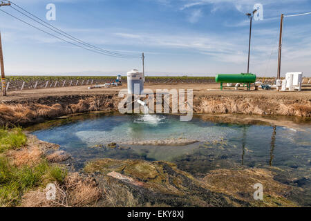 Grundwasser Pumpen auch in holding Teich auf Cardello Weingut, ein Familienbetrieb seit 1969, Fresno County, Kalifornien Stockfoto