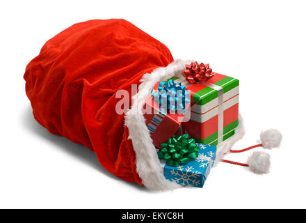 Santa Tasche seitlich mit präsentiert Coming Out isoliert auf weißem Hintergrund. Stockfoto