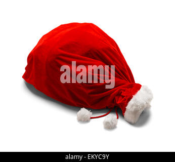 Roter samt Santa Tasche seitlich, Isolated on White Background. Stockfoto