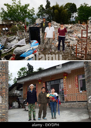 (150415)--LUSHAN, 15. April 2015 (Xinhua)--kombiniert Foto auf 2. Mai 2013 (oben) und 4. April 2015 zeigt die Familie des Yang Sanmei (R) stehen vor ihrem verfallenen Haus nach dem Erdbeben Lushan (oben) und neue Heimat in Longmen Township von Lushan County, Südwesten der chinesischen Provinz Sichuan. Nun sind fast zwei Jahre vergangen, seit eine Erdbeben der Stärke 7,0 Lushan County am 20. April 2013 getroffen. Die Arbeiten für den Wiederaufbau in der Region ist weitgehend abgeschlossen. (Xinhua/Jin-Liangkuai) (mp) Stockfoto