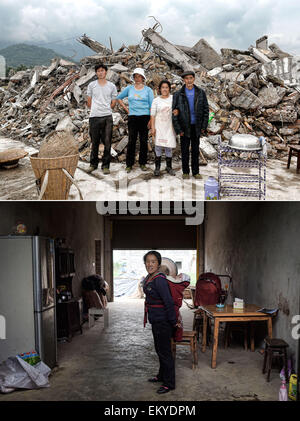 (150415)--LUSHAN, 15. April 2015 (Xinhua)--kombiniert Foto auf 2. Mai 2013 (oben) und 4. April 2015 zeigt Zhang Mingrong (2. R) und ihrem Onkel (1. R) stehen vor einem baufälligen Haus nach der Lushan-Erdbeben (oben) und Zhang mit ihrem Enkel in neuen Zuhause in Longmen Township von Lushan County, Südwesten der chinesischen Provinz Sichuan. Nun sind fast zwei Jahre vergangen, seit eine Erdbeben der Stärke 7,0 Lushan County am 20. April 2013 getroffen. Die Arbeiten für den Wiederaufbau in der Region ist weitgehend abgeschlossen. (Xinhua/Jin-Liangkuai) (mp) Stockfoto