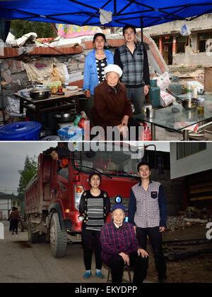 (150415)--LUSHAN, 15. April 2015 (Xinhua)--kombiniert Foto auf 2. Mai 2013 (oben) und 3. April 2015 zeigt die Familie Chen Kangyong (R) stand vor einem temporären Wohnbereich durch ein verfallenes Haus nach dem Erdbeben Lushan (oben) und vor einem LKW neu gekauft in Longmen Township von Lushan County, Südwesten der chinesischen Provinz Sichuan. Nun sind fast zwei Jahre vergangen, seit eine Erdbeben der Stärke 7,0 Lushan County am 20. April 2013 getroffen. Die Arbeiten für den Wiederaufbau in der Region ist weitgehend abgeschlossen. (Xinhua/Jin-Liangkuai) (mp) Stockfoto