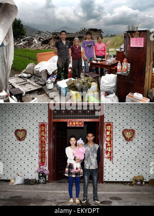 (150415)--LUSHAN, 15. April 2015 (Xinhua)--kombiniert Foto auf 2. Mai 2013 (oben) und 4. April 2015 zeigt der Familie Yang Bo (2. R) stand vor ihrer temporären Wohnbereich durch ein verfallenes Haus (oben) und Yang (R) mit seiner Frau und Tochter in neuen Zuhause in Longmen Township von Lushan County, Südwesten der chinesischen Provinz Sichuan. Nun sind fast zwei Jahre vergangen, seit eine Erdbeben der Stärke 7,0 Lushan County am 20. April 2013 getroffen. Die Arbeiten für den Wiederaufbau in der Region ist weitgehend abgeschlossen. (Xinhua/Jin-Liangkuai) (mp) Stockfoto