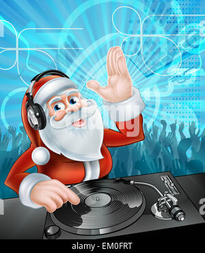 Cartoon Weihnachten Weihnachtsmann DJ Kopfhörer an den Rekord Decks mit Party tanzen Menge im Hintergrund Stockfoto