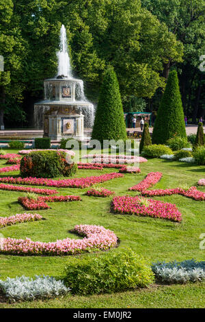 Roman Fountain im Parterre Garten des Komplexes Peterhof Palast, Sankt Petersburg, Russland. Stockfoto