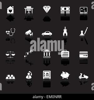 Versicherung Verwandte Symbole mit Spiegeln auf schwarzem Hintergrund, Lager Vektor Stock Vektor