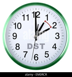 Wanduhr isoliert auf weißem Hintergrund. Daylight Saving time Stockfoto