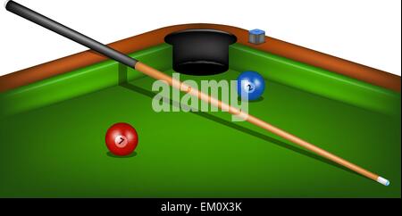 Billardtisch mit Billard-Queues, Kreide und Billard-Kugeln Stock Vektor
