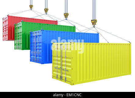 3D Darstellung der verschiedenen Farben Ladungsbehälter auf den Kranhaken, isoliert Stockfoto