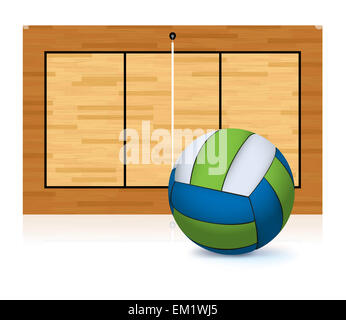 Veranschaulichung der blauen und grünen Volleyball isoliert auf einem weißen Boden mit einem Volleyballplatz im Hintergrund. Stockfoto