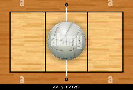 Einen leichten grau weiße Volleyball auf ein Hartholz Volleyball Court Illustration. Stockfoto