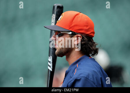 Houston, TX, USA. 15. April 2015. Houston Astros Outfielder Jake Marisnick #6 während der Wimper Praxis vor der MLB Spiel der regulären Saison zwischen der Houston Astros und die Oakland Athletics von Minute Maid Park in Houston, Texas. © Csm/Alamy Live-Nachrichten Stockfoto