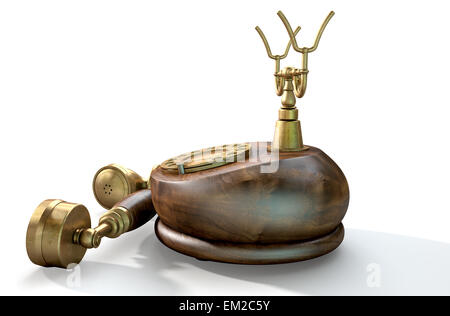 Vintage Holz und Messing Telefon mit Zifferblatt Verzierungen und das Mobilteil liegend aus dem Schneider auf eine isolierte weisse Studio backg Stockfoto