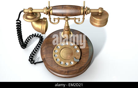 Ein Vintage Holz und Messing mit einem Mobilteil Telefon und wählen Sie Verzierungen auf einem isolierten weißen Studio-Hintergrund Stockfoto