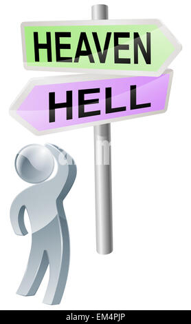 Eine Person mit einer Entscheidung zu treffen, nach oben auf ein Schild mit der Wegbeschreibung zum Himmel oder zur Hölle Stockfoto