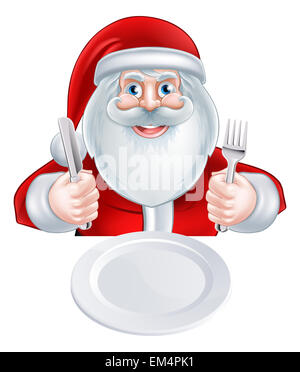 Eine Weihnachten Cartoon Illustration von Santa Claus mit seinem Messer und Gabel zu essen Stockfoto