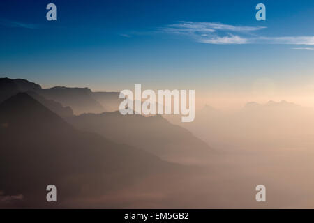 Am frühen Morgen über den Wolken auf der Teeplantage Kolukkumalai, der weltweit höchsten orthodoxen Teeplantage in Munnar, Indien Stockfoto