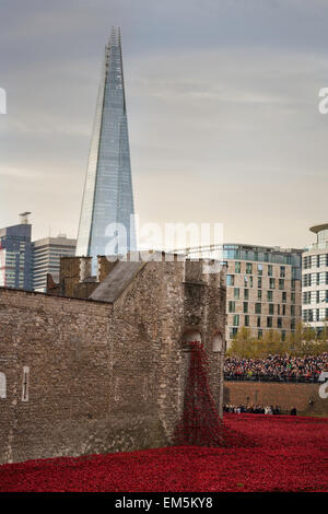 Ein Meer von roten Mohnblumen am Tower of London, UK. Stockfoto