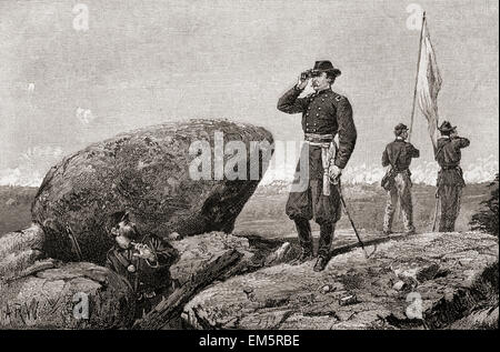 General g.k. Warren an der Signalstation auf Little Round Top, in der Schlacht von Gettysburg während des amerikanischen Bürgerkriegs.  Gouverneur Kemble Warren, 1830-1882.  Bauingenieur und prominenten General der Unionsarmee im amerikanischen Bürgerkrieg. Stockfoto