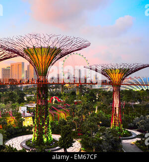 Gärten an der Bucht in der Abenddämmerung in Singapur. Stockfoto