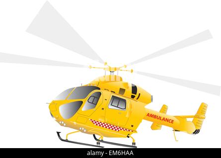 Eine detaillierte Vektor-Illustration von einem gelben Luft Rettungshubschrauber im Flug isoliert auf weiss Stock Vektor