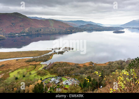 Blick vom Lodor Falls Lookout - über Derwent Water in Richtung Keswick und Bassenthwaite Lake in der Ferne. Stockfoto