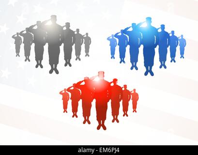 Drei Gruppen von salutieren Soldaten in grauen, blauen und roten Farben auf amerikanische Flagge Hintergrund Stock Vektor
