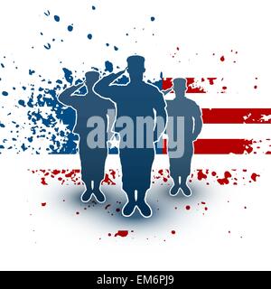 Salutieren Soldaten Silhouette auf amerikanische Flagge Hintergrund Stock Vektor