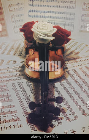 Alte Geige mit Musiknoten und rose Nahaufnahme Stockfoto