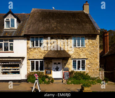 Foto von einem traditionellen strohgedeckten überdachten Teegeschäft in Fore Street Bier East Devon England UK Stockfoto