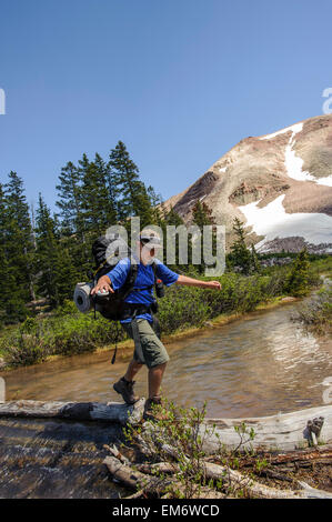 Jungen überqueren Bäche und Wandern durch die Wälder während einer Rucksack-Reise durch die hohe Uintas Wilderness Area, Uintas Range, Utah Stockfoto