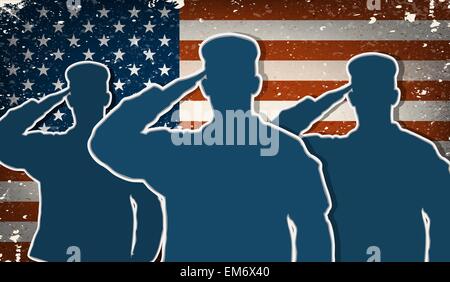 Drei US-Armee Soldaten salutieren auf amerikanische Flagge Grunge Hintergrund Vektor Stock Vektor