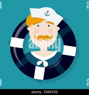 Süße Ingwer Seemann-Cartoon-Figur in einem Rettungsring Stock Vektor
