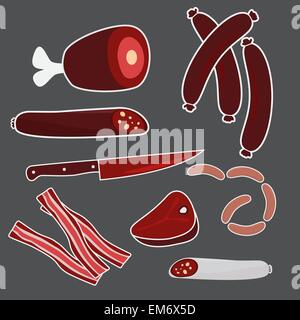 Fleisch Vektorgrafiken (Würstchen, Bein, Speck, Steak) Stock Vektor