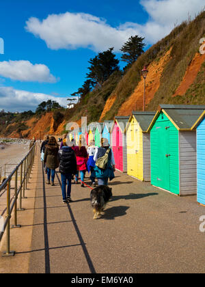 Urlauber, die entlang der Esplanade im Seaton Devon England UK mit bunten Strandhäuschen auf der einen Seite Stockfoto