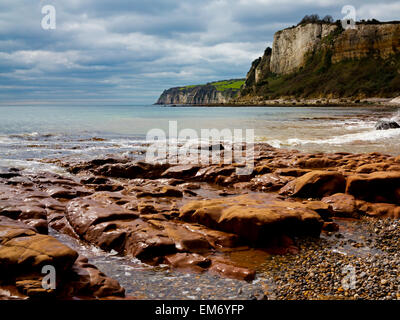 Eine Auffassung von einer Welle schneiden Plattform am Strand von Seaton East Devon England UK und Blick nach Westen in Richtung Bier Stockfoto