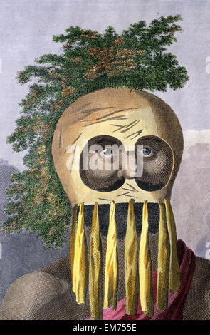 C.1924 Kunst / Gravur, Mann von den Sandwich-Inseln Kürbis Maske tragen. Stockfoto