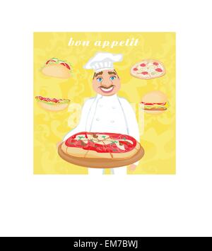 lustige Koch serviert Pizza, abstrakte Karte mit Fast-Food-set Stock Vektor