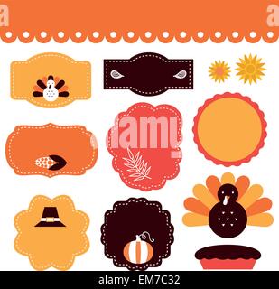 Thanksgiving-Tags und Elemente setzen isoliert auf weiss Stock Vektor