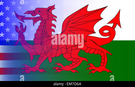 Eine amerikanische Flagge, die Stars And Stripes, verblasst auf einem Drachen Flagge Wales Stockfoto