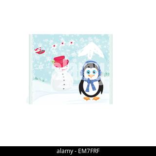 Weihnachtskarte mit einem Pinguin, Weihnachtsmann und Schneemann Stock Vektor