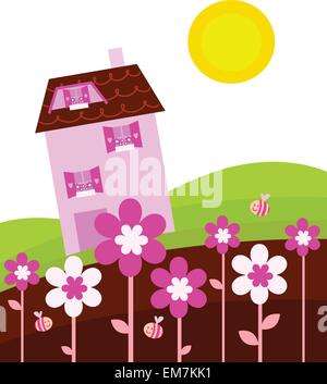 Fantasy Land mit Haus und Frühling Blumen Stock Vektor