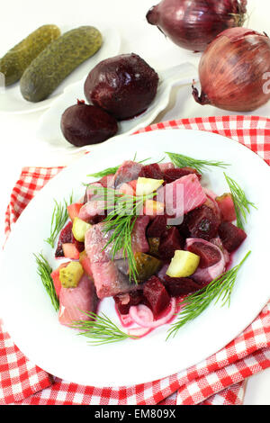 Matie Salat mit rote Beete, Zwiebeln und Gurken Stockfoto