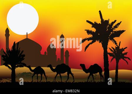 Kamel Reise mit Moschee Hintergrund Stock Vektor