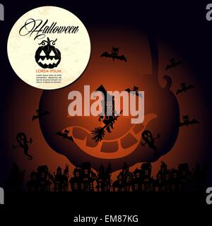 Halloween Text Vollmond Kürbis fliegen Hexen und Fledermäuse, EPS10 f Stock Vektor