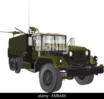 Eine detaillierte Vektor-Illustration eines olivgrün Vintage amerikanische Armee LKW aus der Zeit des Vietnamkriegs mit drei schweren Maschinengewehren, isoliert auf weiss Stock Vektor