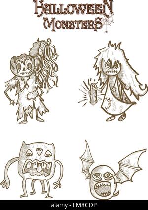 Scary Halloween Monster skizzieren Stil Karikaturen Set EPS10-Datei. Stock Vektor